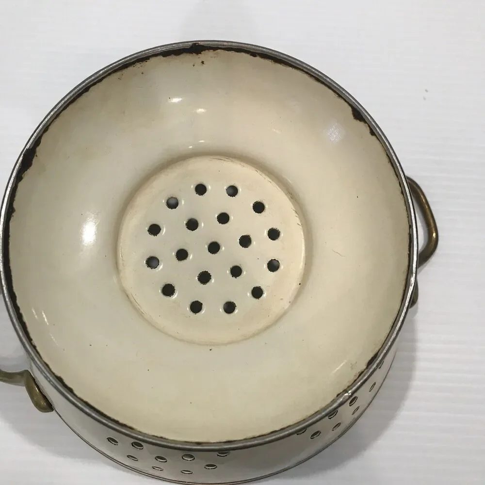 Rustic Primitive Vintage White Enamel Collander Floral Print Accent Brass Handle
